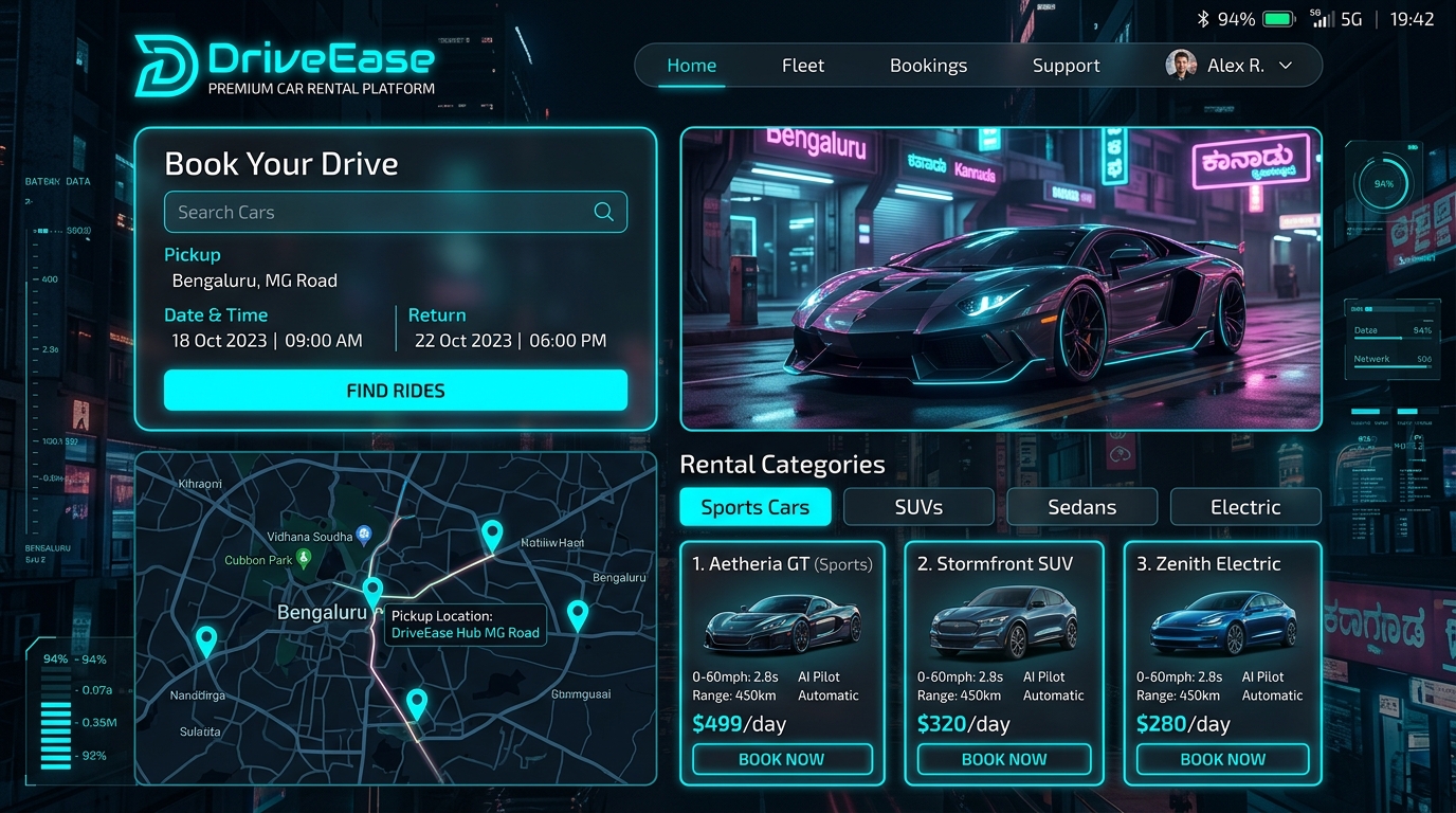 DriveEase — Premium Car Rental Platform interface showing booking and vehicle categories