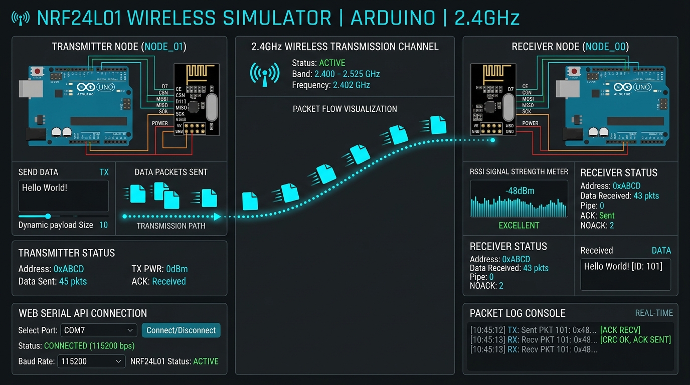 NRF24L01 Wireless Communication simulator showing packet flow visualization and Arduino board wiring
