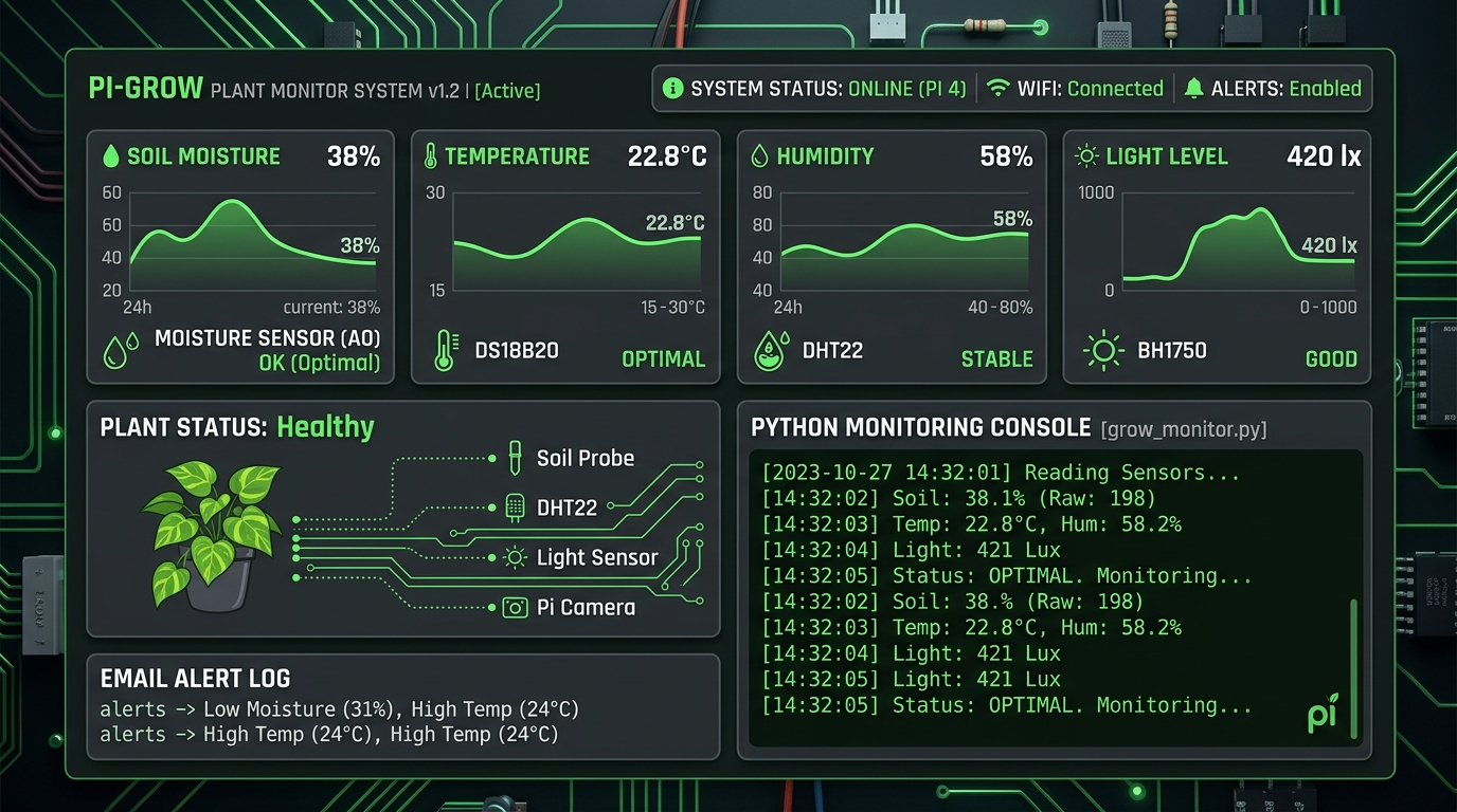 Smart Plant Monitoring System using Raspberry Pi with IoT sensors and email alerts interface