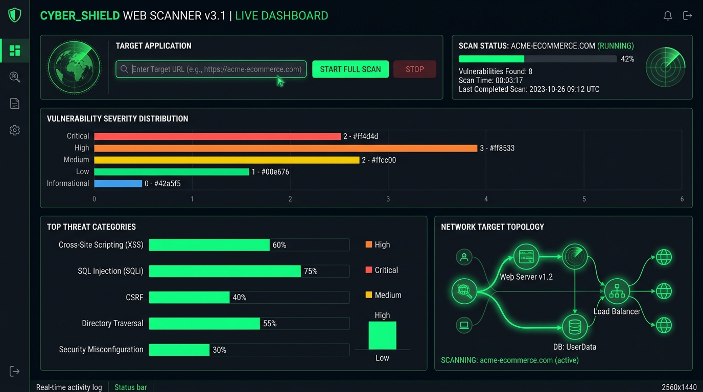 Web Vulnerability Dashboard showing scan results, vulnerability charts and severity indicators